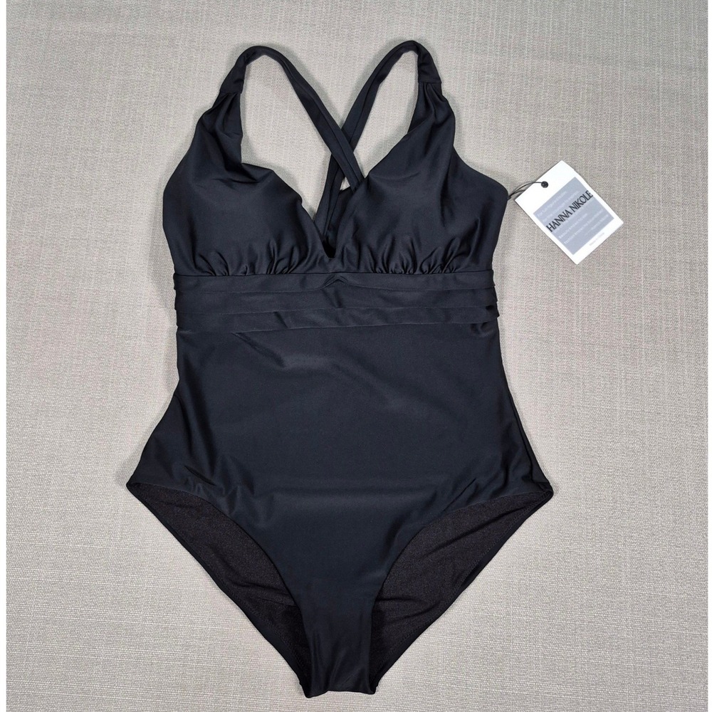 Hanna Nikole Black One Piece Swimsuit Tummy Control Ruched XL New With Tags